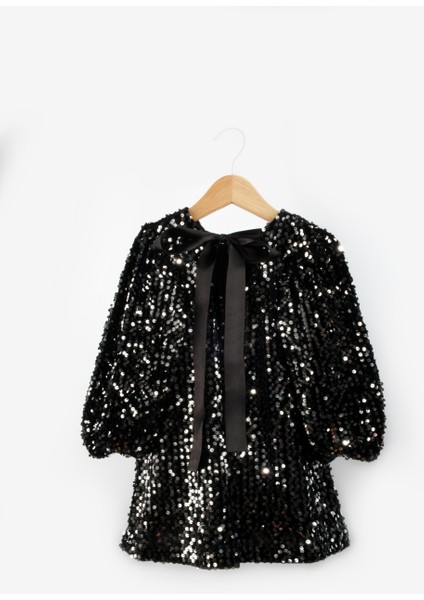 Siyah Üzeri Pullu Kadife Kız Çocuk Elbise - Oriel