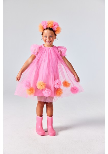 Fuşya Kısa Kollu Eteği Ponponlu Kız Çocuk Elbise - Lavonne