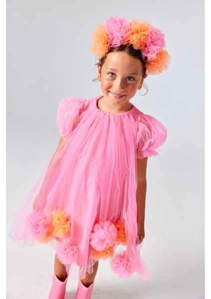 Fuşya Kısa Kollu Eteği Ponponlu Kız Çocuk Elbise - Lavonne