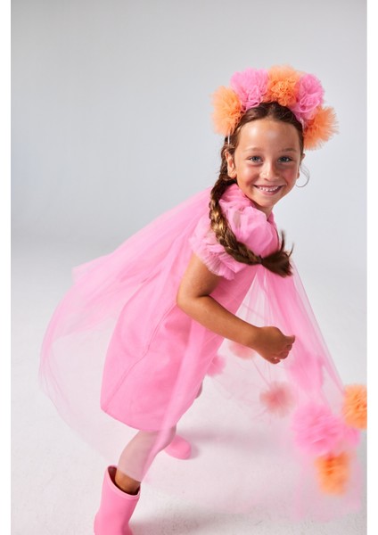 Fuşya Kısa Kollu Eteği Ponponlu Kız Çocuk Elbise - Lavonne