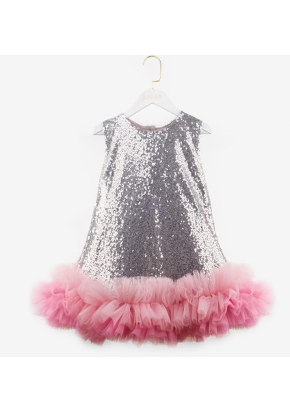 Gümüş Etek Ucu Tüllü Pullu Kız Çocuk Elbise - Evie