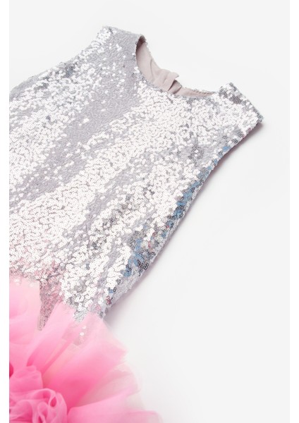 Gümüş Etek Ucu Tüllü Pullu Kız Çocuk Elbise - Evie