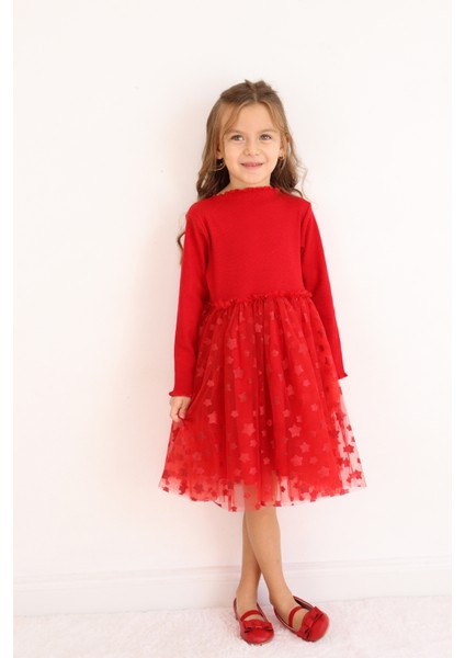 Kırmızı Yıldız Baskılı Tül Etekli Kız Çocuk Elbise - Karen