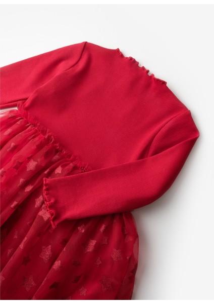 Kırmızı Yıldız Baskılı Tül Etekli Kız Çocuk Elbise - Karen