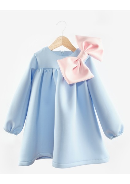 Mavi Omzu Fiyonk Detaylı Kız Çocuk Elbise - Leah