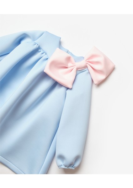 Mavi Omzu Fiyonk Detaylı Kız Çocuk Elbise - Leah