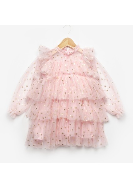 Pembe Yıldız Desenli Katlı Kız Çocuk Elbise - Felicia