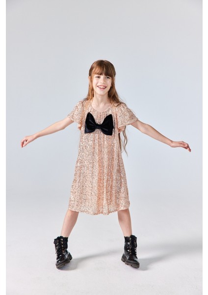 Rose Pullu Fiyonk Detaylı Kız Çocuk Elbise - Rhea