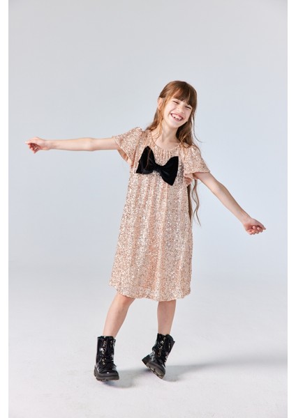 Rose Pullu Fiyonk Detaylı Kız Çocuk Elbise - Rhea