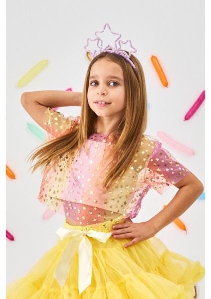 Sarı Yıldız Baskılı Kız Çocuk Tül Crop