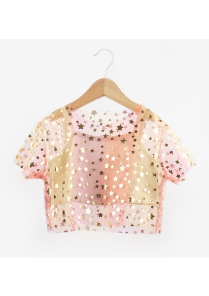 Sarı Yıldız Baskılı Kız Çocuk Tül Crop