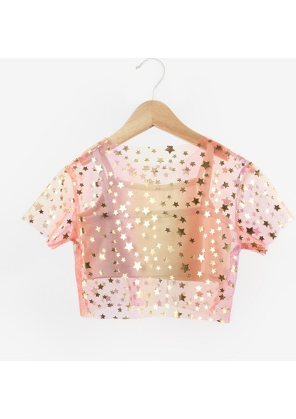 Sarı Yıldız Baskılı Kız Çocuk Tül Crop