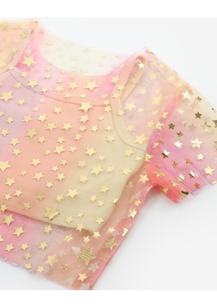 Sarı Yıldız Baskılı Kız Çocuk Tül Crop