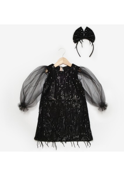 Siyah Pullu Saçak Detaylı Kız Çocuk Elbise - Emery