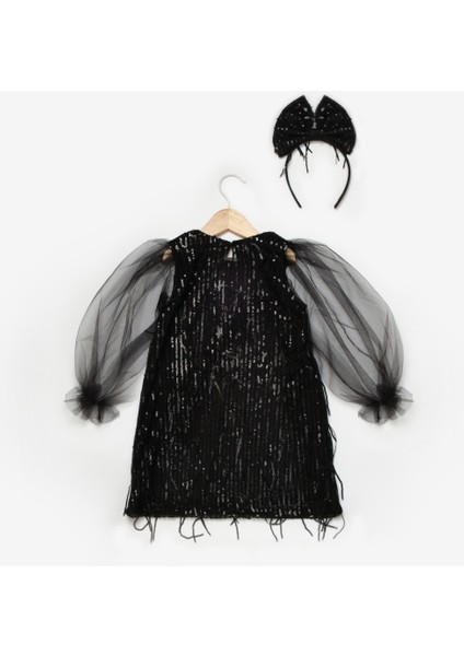Siyah Pullu Saçak Detaylı Kız Çocuk Elbise - Emery