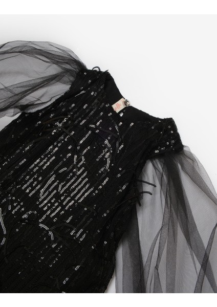 Siyah Pullu Saçak Detaylı Kız Çocuk Elbise - Emery