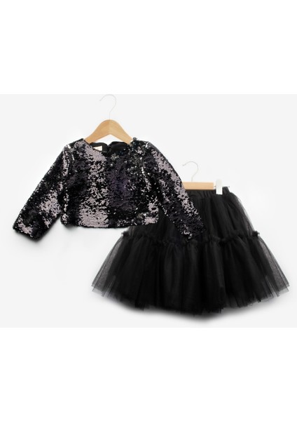 Siyah Pul Payetli Tül Etekli Kız Çocuk Ikili Takım - Milena