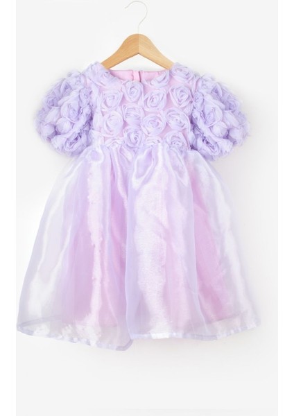 Lila Gül Detaylı Tül Etekli Kız Çocuk Elbise - Nelia