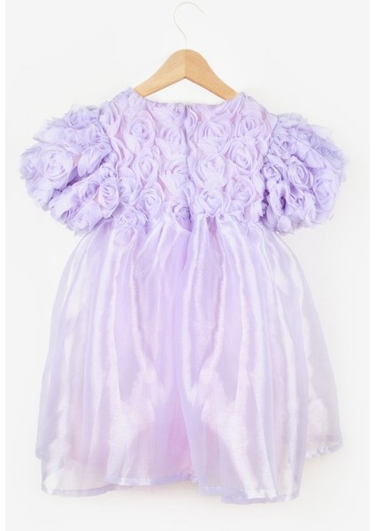 Lila Gül Detaylı Tül Etekli Kız Çocuk Elbise - Nelia