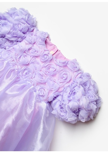 Lila Gül Detaylı Tül Etekli Kız Çocuk Elbise - Nelia