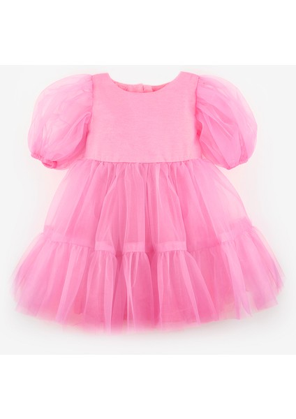 Pembe Eteği Fırfırlı Kemerli Kız Çocuk Tül Elbise - Casey