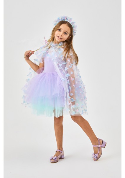 Mavi Kelebek Aplikeli Kız Çocuk Pelerin Asa Taç Set indirimleri