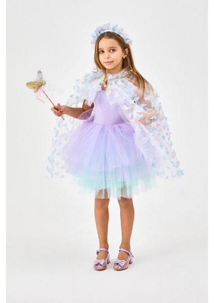 Mavi Kelebek Aplikeli Kız Çocuk Pelerin Asa Taç Set