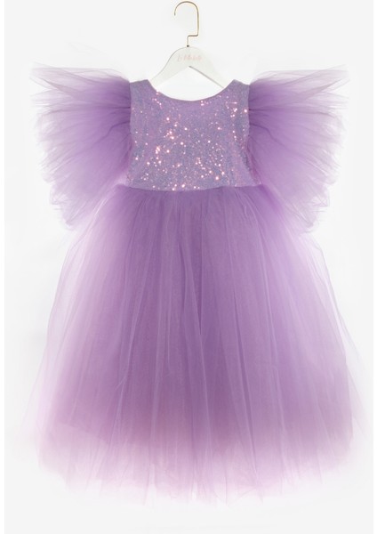 Lila Önü Pullu Kız Çocuk Tül Elbise - Halsey