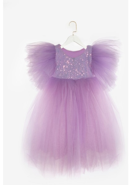 Lila Önü Pullu Kız Çocuk Tül Elbise - Halsey