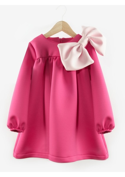 Fuşya Omzu Fiyonk Detaylı Kız Çocuk Elbise - Leah