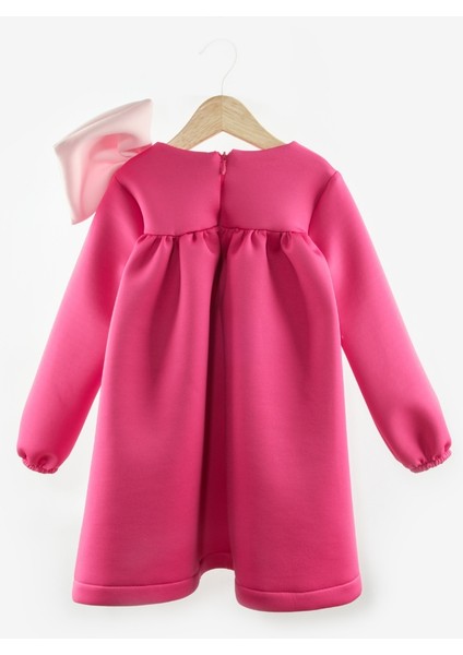 Fuşya Omzu Fiyonk Detaylı Kız Çocuk Elbise - Leah