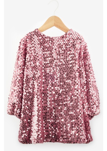 Gülkurusu Üzeri Pullu Kadife Kız Çocuk Elbise - Oriel