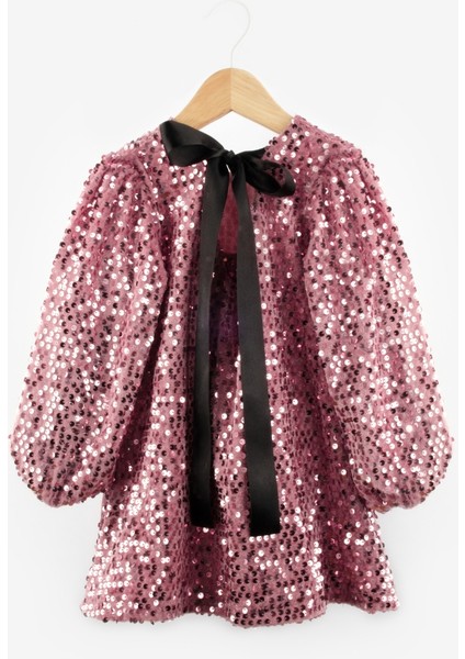 Gülkurusu Üzeri Pullu Kadife Kız Çocuk Elbise - Oriel