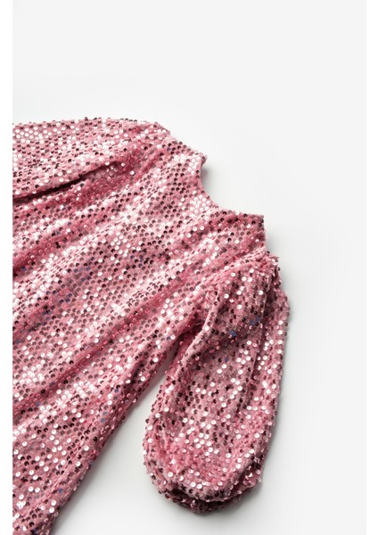 Gülkurusu Üzeri Pullu Kadife Kız Çocuk Elbise - Oriel