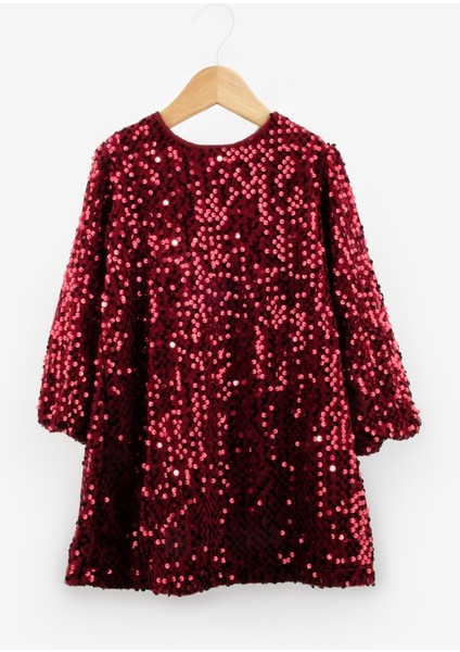 Bordo Üzeri Pullu Kadife Kız Çocuk Elbise - Oriel