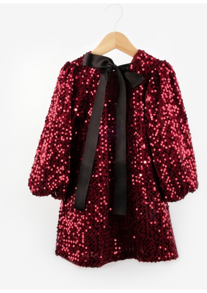 Bordo Üzeri Pullu Kadife Kız Çocuk Elbise - Oriel