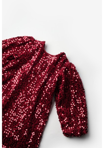 Bordo Üzeri Pullu Kadife Kız Çocuk Elbise - Oriel