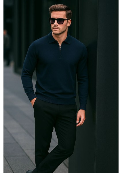Erkek Yarım Fermuar Basic Kışlık Lacivert Sweatshirt