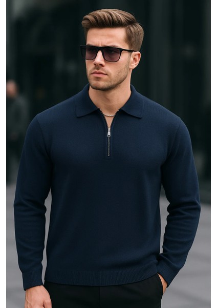 Erkek Yarım Fermuar Basic Kışlık Lacivert Sweatshirt