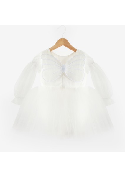 Ekru Kelebek Kanatlı Kız Çocuk Elbise - Kate