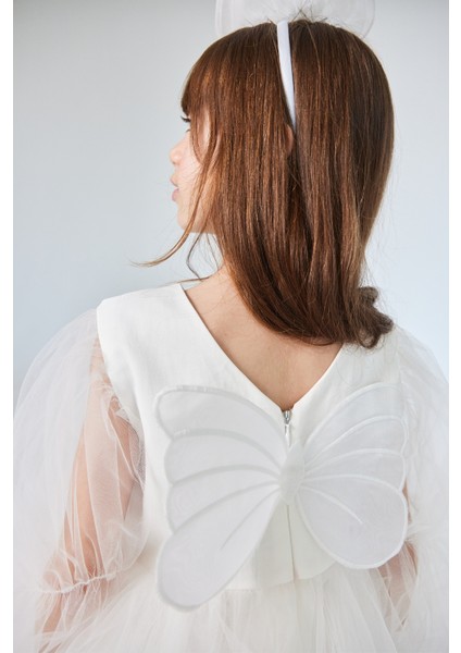 Ekru Kelebek Kanatlı Kız Çocuk Elbise - Kate