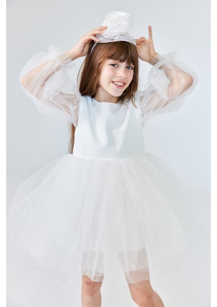 Ekru Kelebek Kanatlı Kız Çocuk Elbise - Kate