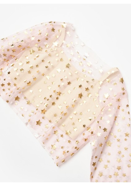 Pudra Uzun Kollu Yıldızlı Kız Çocuk Tül Crop