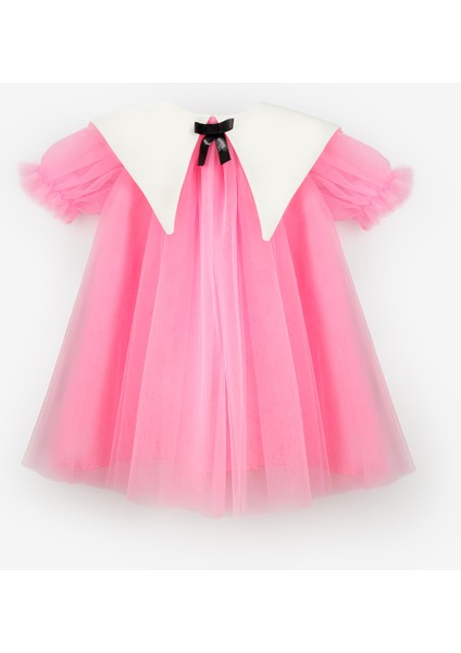 Fuşya Sivri Yakalı Kız Çocuk Tül Elbise - Nicole