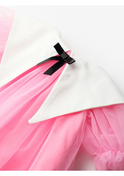 Fuşya Sivri Yakalı Kız Çocuk Tül Elbise - Nicole