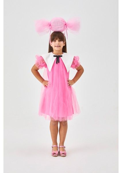 Fuşya Sivri Yakalı Kız Çocuk Tül Elbise - Nicole