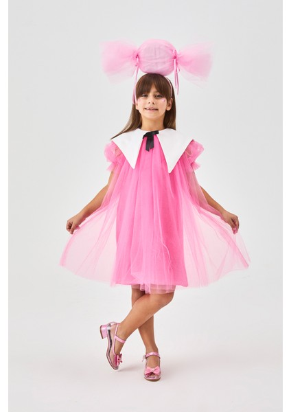 Fuşya Sivri Yakalı Kız Çocuk Tül Elbise - Nicole