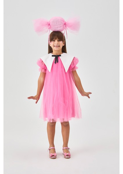 Fuşya Sivri Yakalı Kız Çocuk Tül Elbise - Nicole