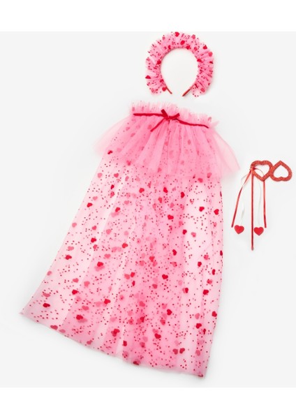 Pembe Flok Kalp Baskılı Kız Çocuk Pelerin Asa ve Taç Set