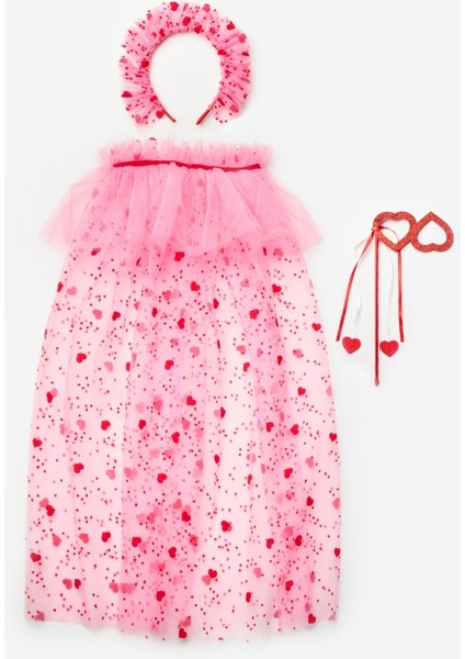 Pembe Flok Kalp Baskılı Kız Çocuk Pelerin Asa ve Taç Set